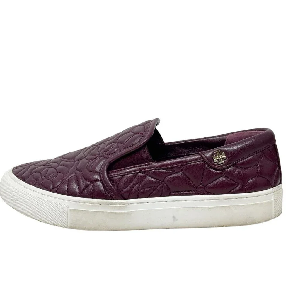 Tory Burch Sela Burgundy Floral Quilted Leather Slip On Sneakers size 6